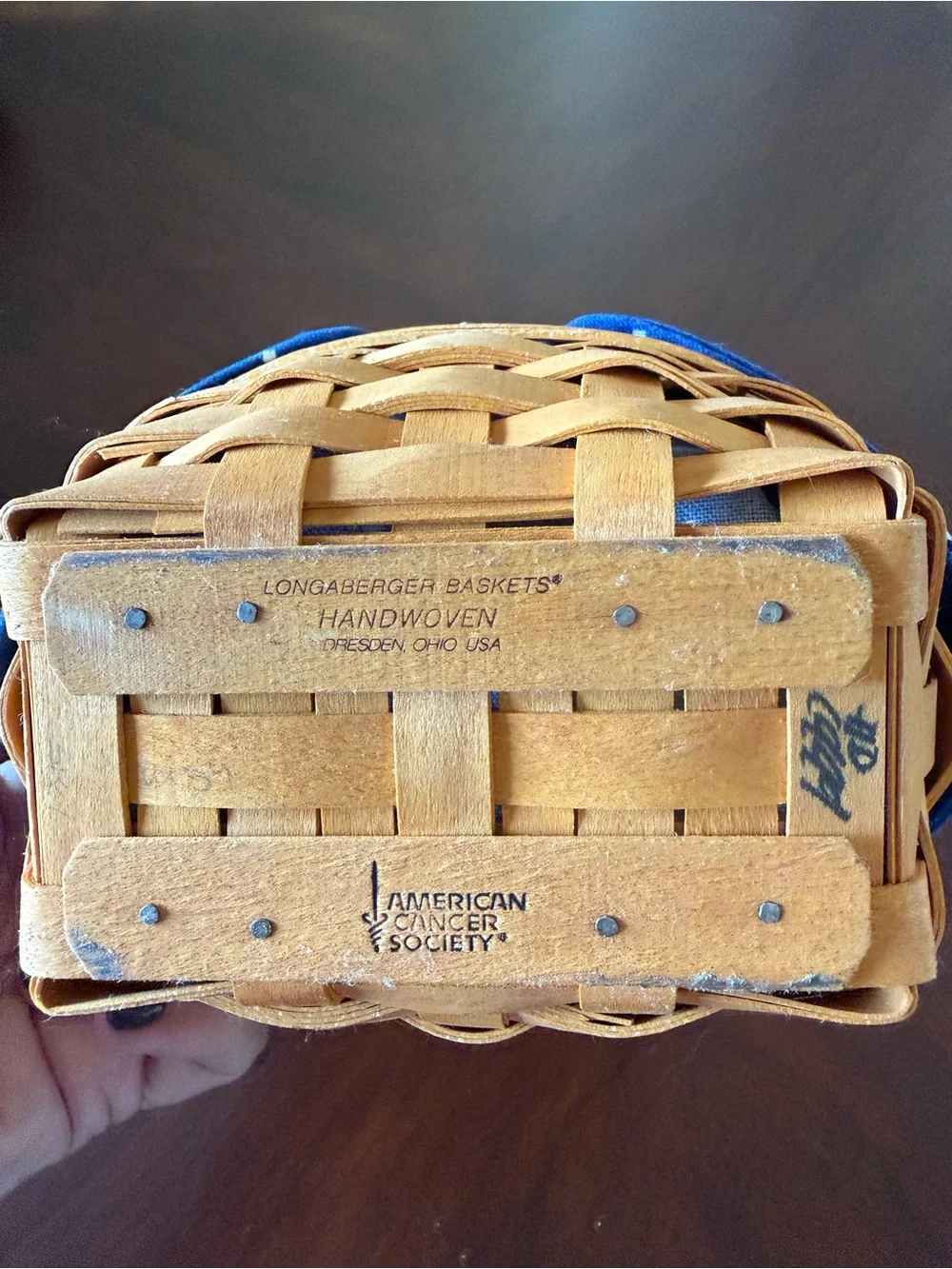 Longaberger Woven Basket with Blue Trim and Plastic Lining